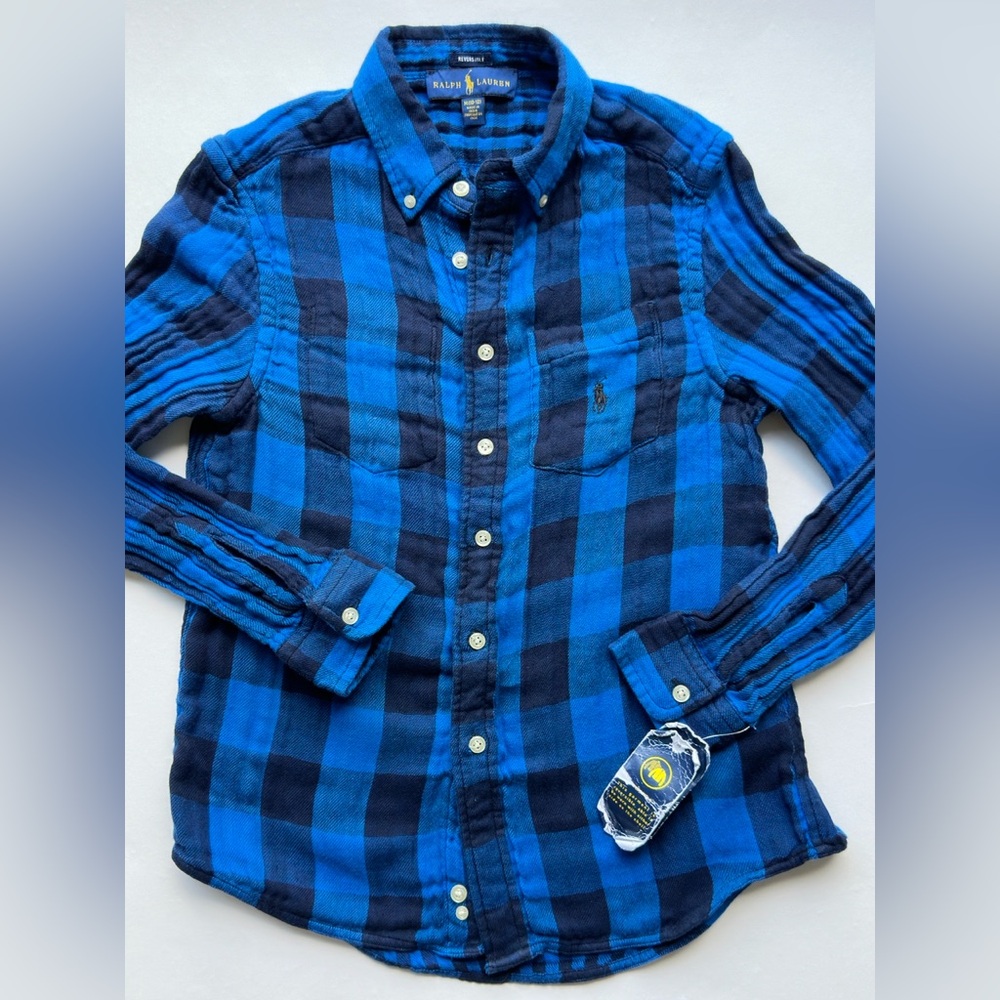 NWT Ralph Lauren Reversible Button Down Shirt Gauze Cotton Boys Size M 10-12
